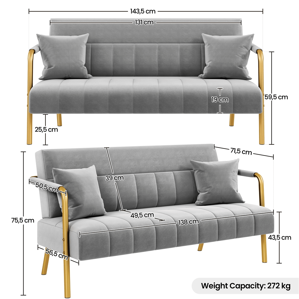 56.5″ W Upholstered Sofa Couch with Gold-tone Metal Arms and Legs
