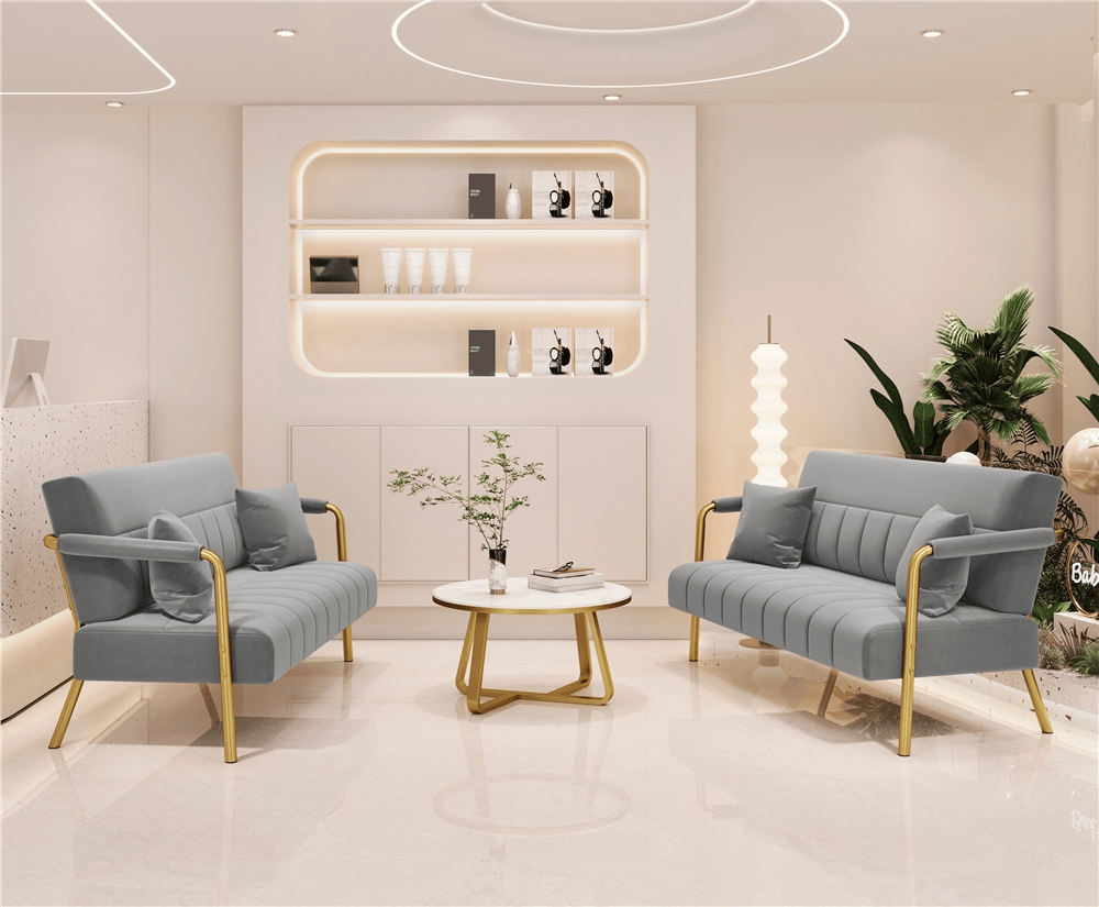 56.5″ W Upholstered Sofa Couch with Gold-tone Metal Arms and Legs