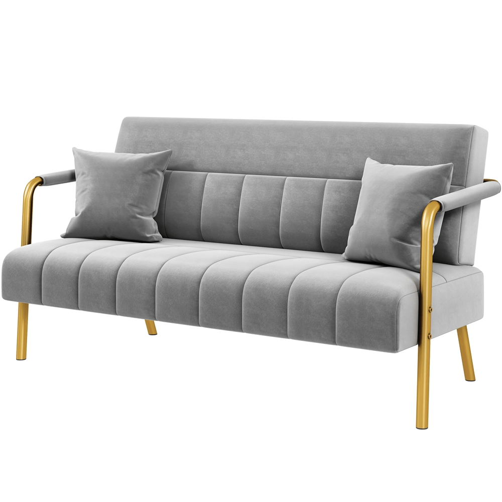 56.5″ W Upholstered Sofa Couch with Gold-tone Metal Arms and Legs