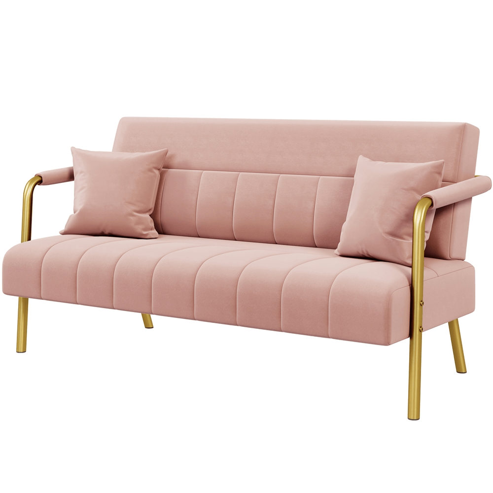 56.5″ W Upholstered Sofa Couch with Gold-tone Metal Arms and Legs