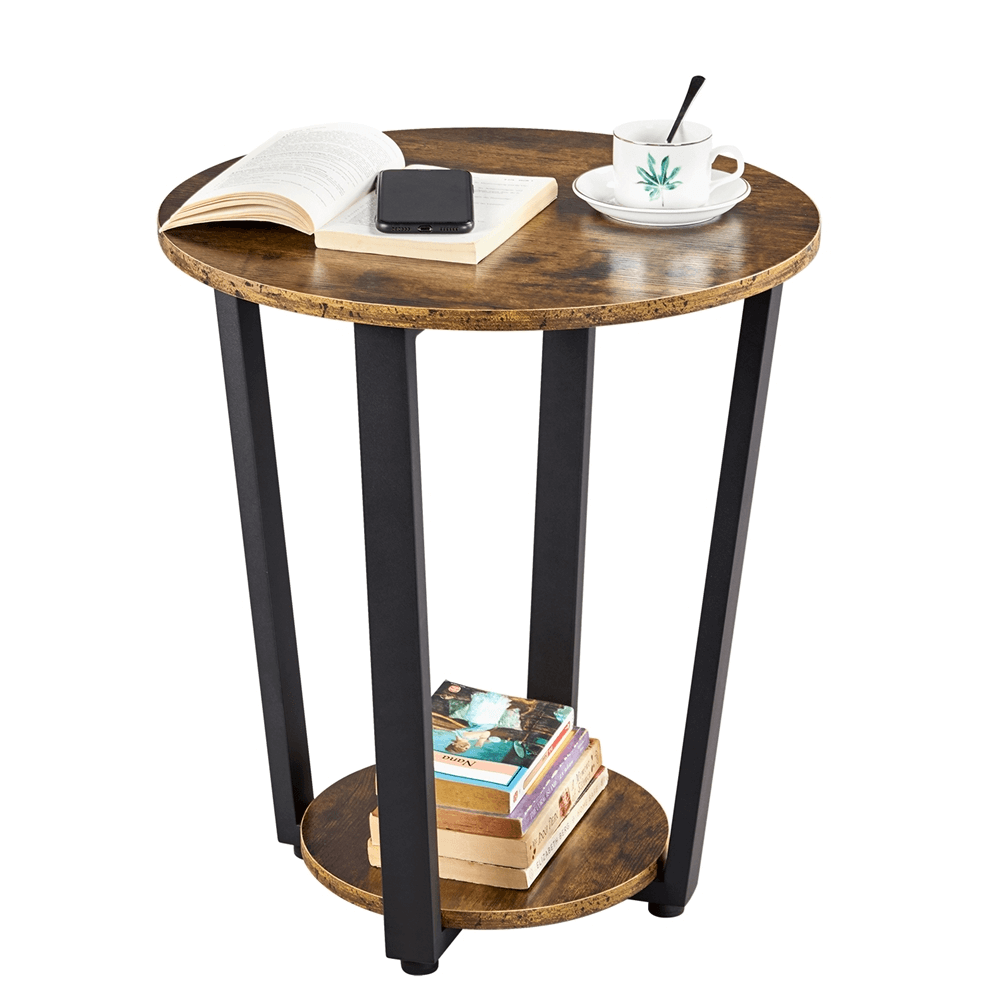 Round Metal-Wood Side Table with Storage Rack