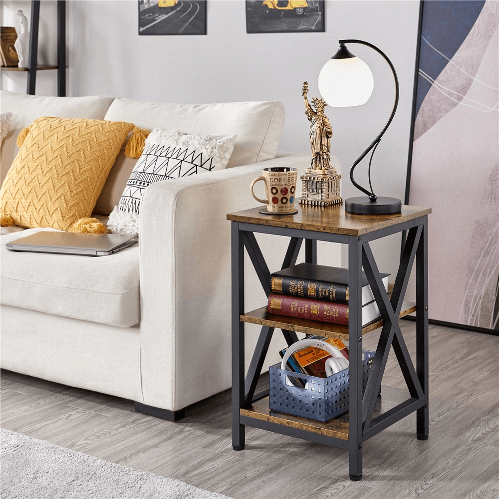 3 Tiers  X-Frame Metal-Wood Side Table