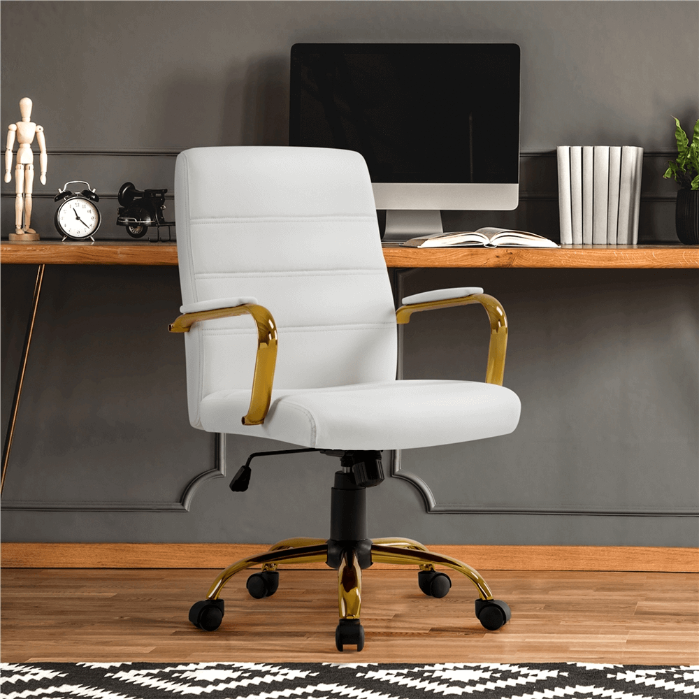 PU Leather Mid-Back Task Chair with Gold-Finish Metal Base