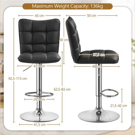 2-piece Faux Leather Adjustable Swivel Bar Stool