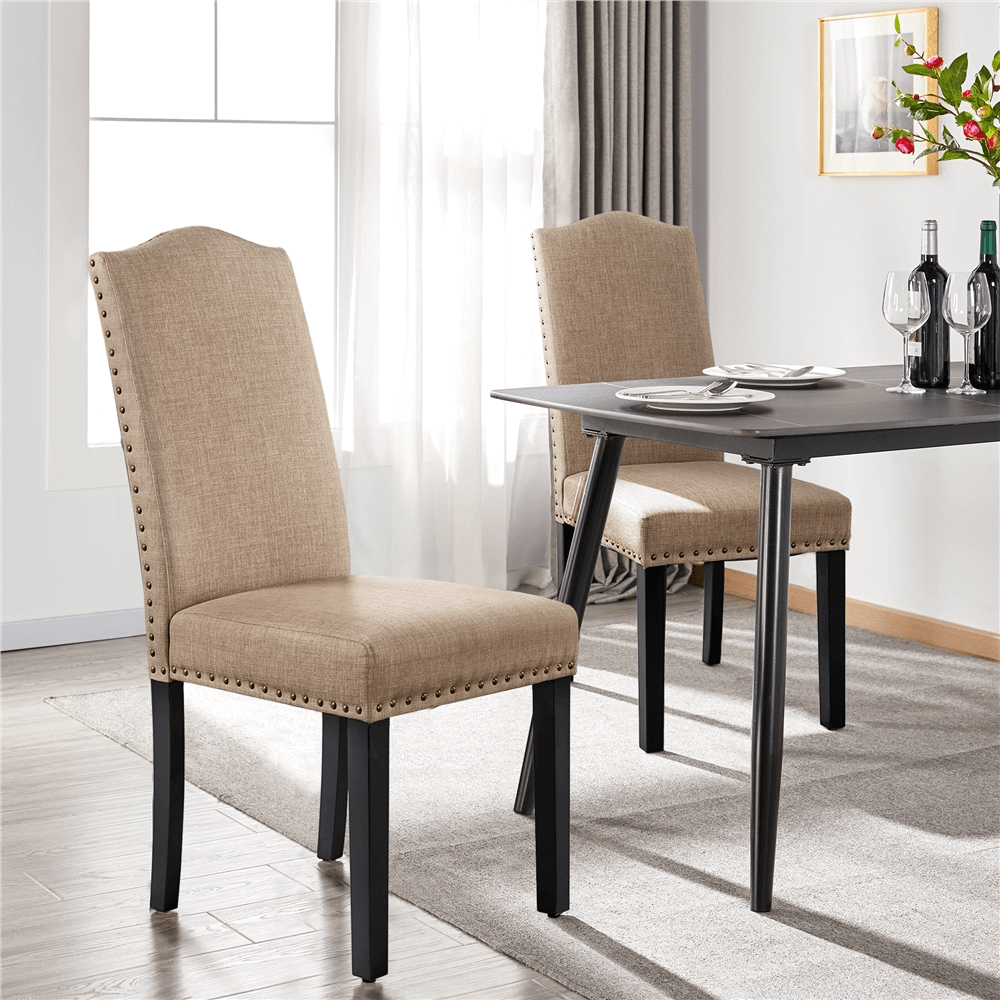 Fabric Upholstered Dining Chairs with Solid Wood Legs & Nailhead Trim