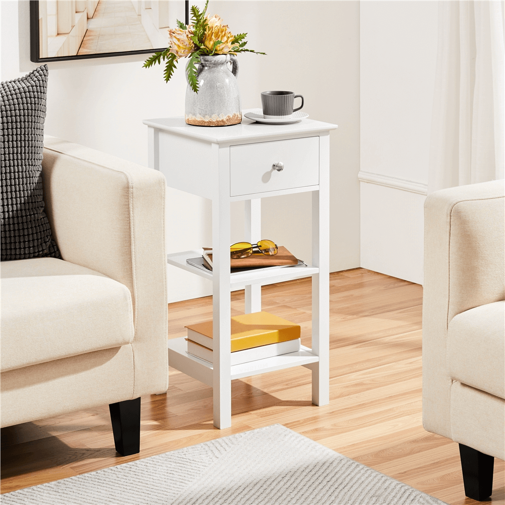 Wooden Bedside Table w/ 1 Drawer and 2 Shelves